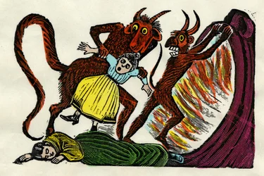 José Guadalupe Posada (1852 - 1913). Josefina Lora es arrastrada al infierno por un diablo. Acuarela xilográfica, Ciudad de México