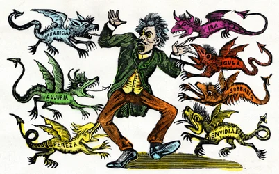 José Guadalupe Posada (1852 - 1913): Alegoría de los siete pecados capitales. Grabado xilográfico en acuarela. México