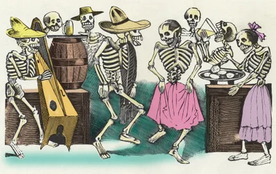 Los muertos vivientes: "" Gran Fandango y Francachela de todas las Calaveras "", xilografía de José Guadalupe Posada (1852 - 1913) que ilustra las festividades del Día de Muertos (1 de noviembre). México.