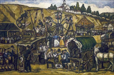GUTIERREZ SOLANA, José (1886-1945). Fiesta en la pradera de San Isidro de Madrid. 1933. Óleo sobre lienzo. Colección particular