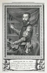 MAEA, José (1760-1826). Retrato de Garcilaso de la Vega. 1791. Dibujo de José Maea al buril grabado por Bartolomé Vázquez. Aguafuerte.
