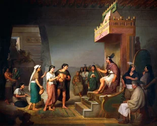 Descubrimiento del pulque, bebida alcohólica mesoamericana, óleo sobre lienzo de José María Obregón (1832-1902)