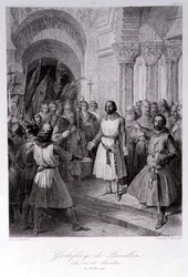 Godofredo de Bouillon elegido Rey de Jerusalén, grabado por Leopold Massard
