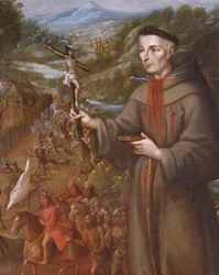 Destrucción por los indios de la misión de San Saba en Texas y martirio del fraile franciscano José de Sanriesban (detalle) (óleo sobre lienzo)