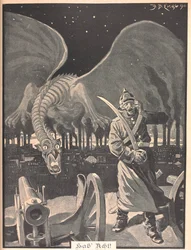Dibujo para el poema "Como la noche". Un dragón producido por el humo de las fábricas, detrás de un soldado alemán. Una escena surrealista.