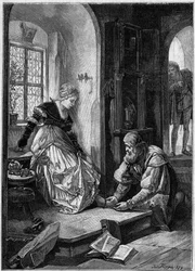 Eva en el taller de Hans Sachs (Acto III de la ópera “Los maestros cantores de Núremberg” de Richard Wagner, basada en la pintura de Joseph Flüggen. Grabado en “El Mundo Ilustre”