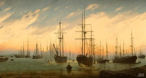 JJM recrea Friedrich-C-D: Vista de un puerto (panorama)