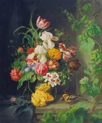 Bodegón de flores con gorrión y vid