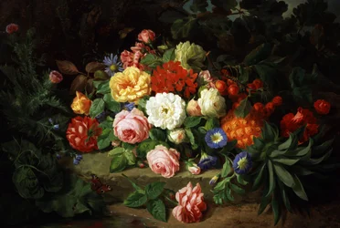 Bodegón de flores de verano (rosas, prímulas) y frutas (piñas, cerezas). Pintura de Josef Lauer (1818-1881) Colección particular.