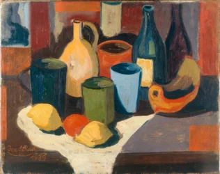 Bodegón con jarras y fruta