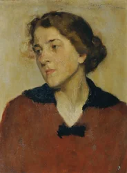retrato, de, un, mujer, con, un, suéter rojo