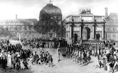 Representación de una revista militar durante el Primer Imperio Francés en 1810, frente a las Tullerías. 1862