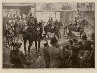 Guardias de la Vida llegando a su nuevo cuartel en Hyde Park, Londres (grabado)