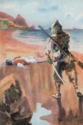 Robinson Crusoe: Encuentro a un niño ahogado (litografia en color)