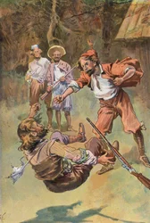 Robinson Crusoe: El español, de un puñetazo, lo tumbó (litografia color)