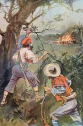 Robinson Crusoe: Las chozas en llamas (litografia en color)
