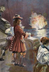 Robinson Crusoe: El barco explotó en el aire (litografia en color)