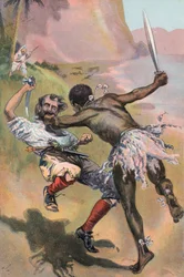 Robinson Crusoe: El español es atacado por un salvaje (litografia en color)