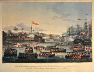 Vista del desembarco en Rangún de parte de las fuerzas combinadas de Bengala y Madrás, bajo las órdenes de Sir Archibald Campbell, el 11 de mayo de 1825, grabado por Henry Pyall (1795-1833) 1825