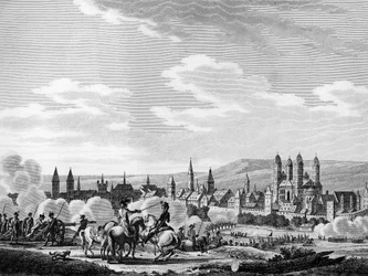 Revolución francesa y Movimiento Antirrevolucionario Prusiano: Captura de la ciudad de Speyer en octubre de 1792, Alemania. Grabado de Berthaut después de Swebach. París, Biblioteca del Instituto de Historia de la Revolución