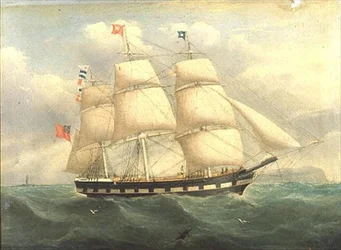 Un barco inglés de aparejo cuadrado frente a la costa