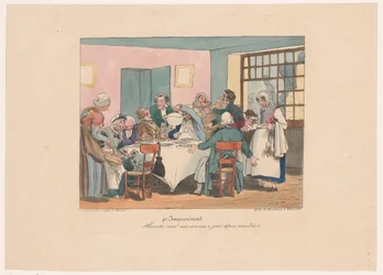Gezelschap aan tafel aan het vasten ¿Estás bromeando? Hemos estado ayunando desde anteayer (título sobre el objeto) Ongemakken (título de la serie) Desventaja (título de la serie en el objeto)