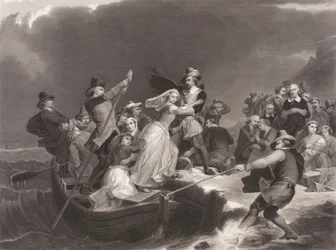 Los peregrinos desembarcando en Plymouth Rock en 1620