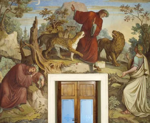 Dante dormido, atacado por bestias salvajes y encontrando a Virgilio