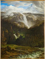 Cascada de Schmadribach en el valle de Lauterbrunn, Oberland bernés, Suiza ... (óleo sobre lienzo)