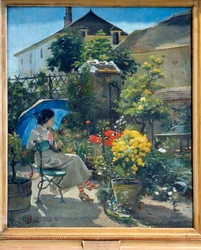 En el jardín. Una joven con un paraguas rodeada de flores. Pintura de Joseph Bail (1862-1921) siglo XX. Lyon, Museo de Bellas Artes