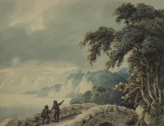 Paisaje con árboles, puente y figuras