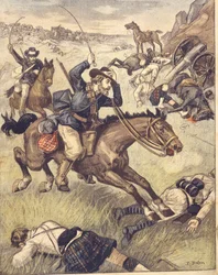 Comando bóer atacando una patrulla británica durante las guerras anglo-zulú y anglo-bóer de 1850-1902, ilustración