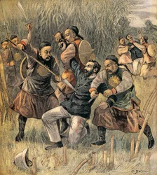 Dos oficiales franceses muertos en Quang - Tcheou - Wan, diciembre de 1899, al comienzo de la rebelión de los bóxers. China