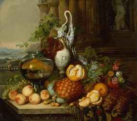 Bodegón con fruta, pecera y paisaje