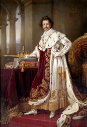 Retrato de cuerpo entero de Luis I de Baviera (1786-1868) con vestiduras de coronación. 1826. 1,44 x 2,71 m. Múnich, Neue Pinakothek
