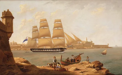 Una fragata pasa por el Fuerte San Elmo mientras sale del Gran Puerto, La Valeta, Malta (óleo sobre lienzo)