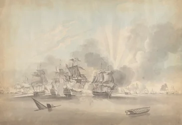 Escenario de batalla: Acorazados, fragatas y corbetas; barco hundido y bote de remos