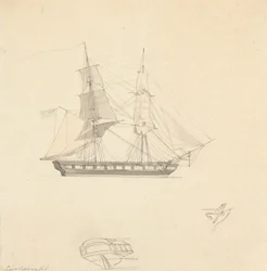 Brig único; bocetos de popa separada y caucho