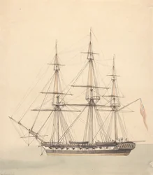 Corbeta individual (?) con tres figuras con uniformes navales y la Union Jack