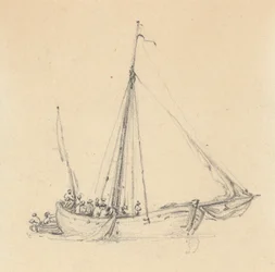 Ketch individual, proa adelante; bote de remos detrás