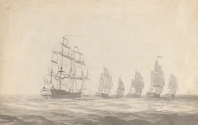 Seis acorazados navegando en mar gruesa