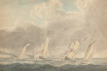 Dos balandros de guerra, una barcaza y una goleta, con las popas hacia delante, en medio de un fuerte oleaje; varios veleros al fondo.