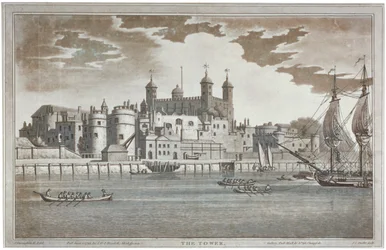 Vista de la Torre de Londres desde el río Támesis con barcos en el río