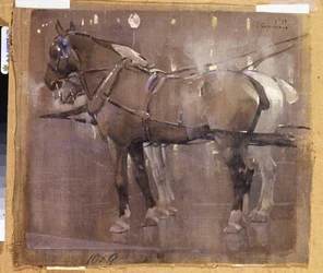 Cab Horses by Gaslight (acuarela y acuarela sobre lino)