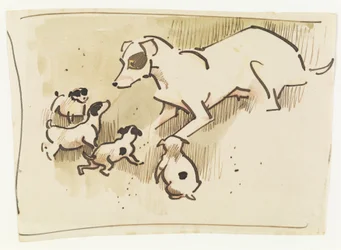 Fox Terrier y cachorros (pluma y aguada sobre papel)
