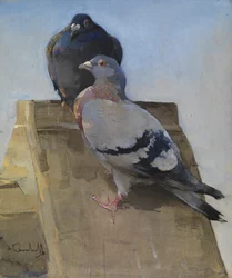 Palomas en el tejado (gouache sobre lino)