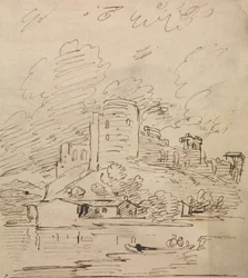 Castillo con torre redonda sobre un río