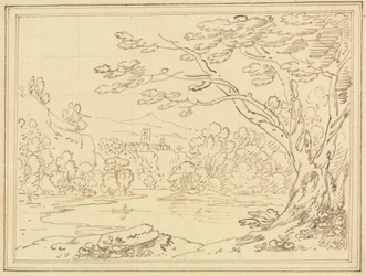 Paisaje con árboles junto a un lago