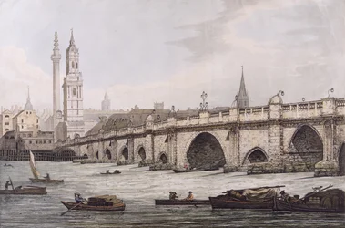 Vista del Puente de Londres, incluyendo la Iglesia de St. Magus y El Monumento, grabado por J.C. Stadler