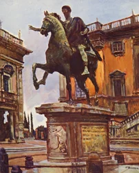 Roma: La estatua de Marco Aurelio, Piazza del Campidoglio (litografía en color)